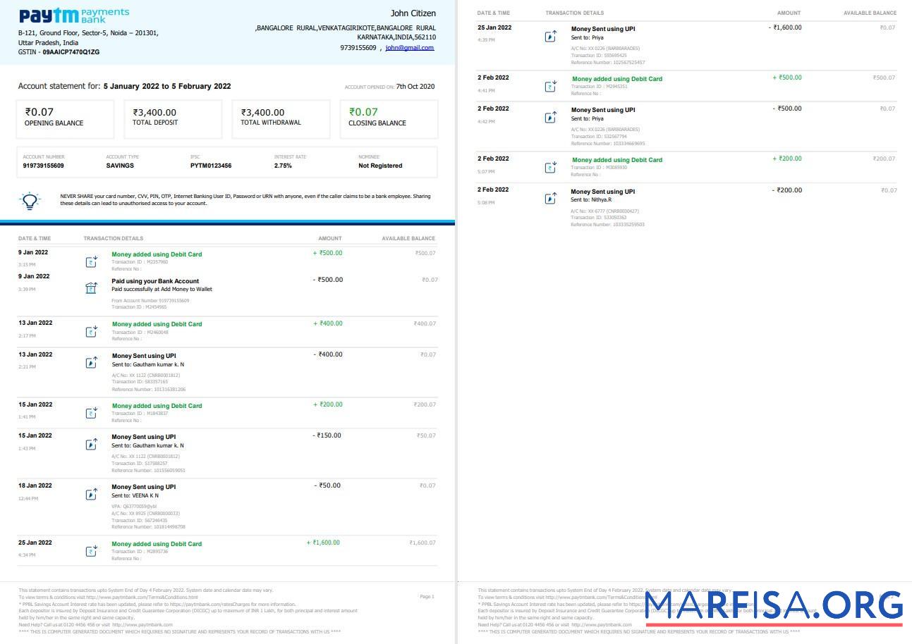 Downloadable Indian Paytm bank statement word 2 page template